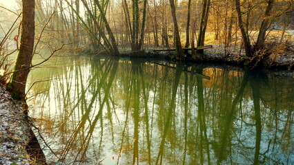 Liebliches Nagoldtal an sonnigem Wintertag mit Fluss Nagold gesäumt von Bäumen und verschneiter Wiese