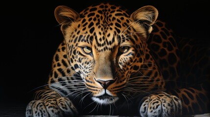  a painting of a leopard laying down with its eyes closed and one paw on the ground and one paw on the ground and the other side of the leopard's head.