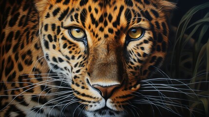  a close - up of a leopard's face, with a plant in the foreground and in the background, on a black background is a painting of grass.