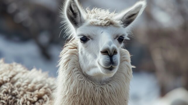  a close up of a llama's face looking at the camera with a blurry background of snow on the ground and bare trees in the foreground.
