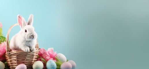 Cute Rabbit in basket with colorful Easter eggs. Festive bunny. Banner with copy space. For greeting card, invitation. postcard, poster, web design. Ideal for Easter celebrations. Blue background