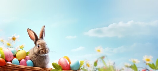 Rabbit surrounded by colorful Easter eggs. Festive bunny. Banner with copy space. For greeting card, invitation. postcard, poster, web design. Ideal for Easter celebrations. Blue background