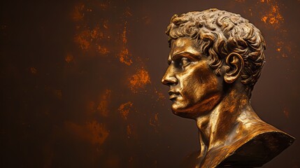 Gold antique statue of male head on a dark brown textured background. Ideal for contemporary art projects. Banner with copy space