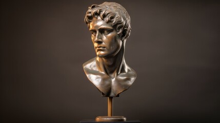 Bronze antique statue of male head on dark background. Perfect for cultural and artistic representation.