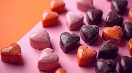  a group of heart shaped chocolates sitting on top of a pink and orange table next to a pink and orange wall and a pink table with a few hearts on it.
