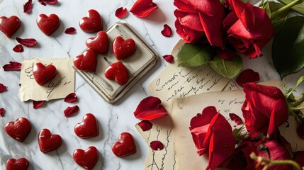  a table topped with lots of red hearts next to a couple of envelopes and a bunch of red roses on top of a white marble slab of writing paper.