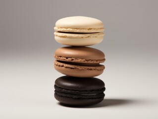  a stack of three macaroons sitting on top of each other on top of a white surface with one macaroon sitting on top of the other macaroons.