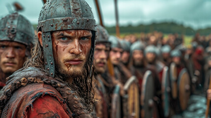 A cinematic image of a viking warrior in battle in england