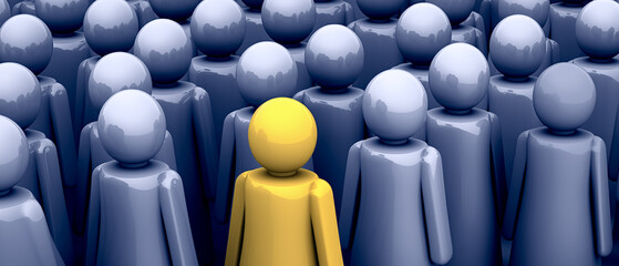 A yellow figure stands out against a backdrop of grey figures, illustrating the concept of the right person in the contexts of HR, psychology, job recruitment, and business.