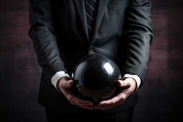 Businessman holding a black weight ball. Unpaid debts. Obligations under the terms of the contract. Guilt and psychological dependence. Meekness and timidity. - obrazy, fototapety, plakaty