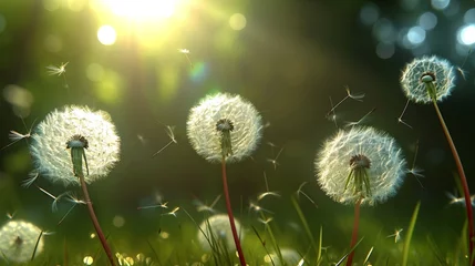  dandelion on grass, Surrender to the beauty of an abstract universe, where dandelion seeds drift in a blurred nature background. The super-realistic image © SANA