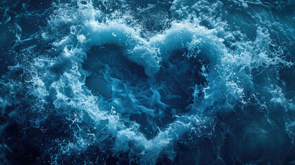 A heart-shaped wave breaks on the surface of the ocean.