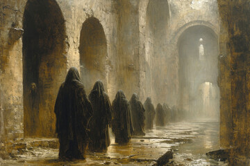 A neo classical style painting of Monks in an old Abbey in England - obrazy, fototapety, plakaty