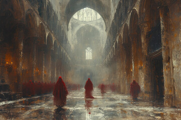 A neo classical style painting of Monks in an old Abbey in England - obrazy, fototapety, plakaty