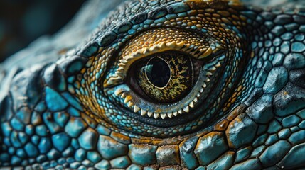 Naklejka premium a close up of a lizard's eye with blue and yellow patterns on it's body and a yellow eyeball in the center of the eye of the eye.