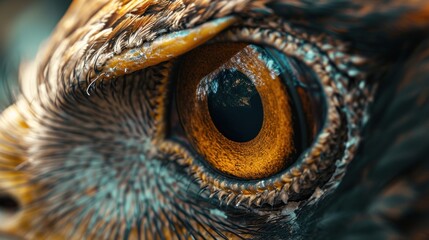  a close up of an owl's eye with a blue and yellow pattern on it's body and part of the eye visible part of the owl's body.