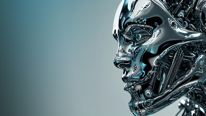 chrome cyborg with futuristic exoskeleton - obrazy, fototapety, plakaty