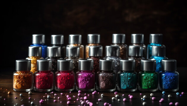 A row of colorful nail polish bottles, elegance in liquid generated by AI