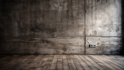 Empty, dark apartment with stained concrete flooring and dirty walls generated by AI