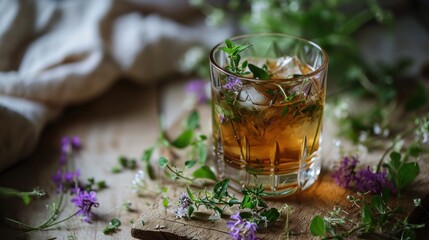 Fototapeta premium a glass of tea sitting on top of a wooden table next to a bunch of wildflowers and a cloth on top of a wooden table with a cloth.