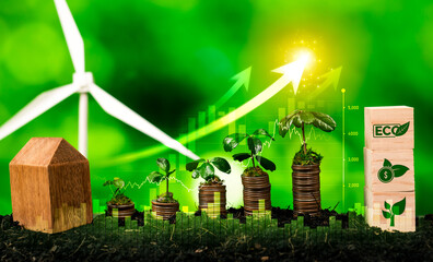 Growing coin or money stack with ESG business investment on alternative renewable energy with...