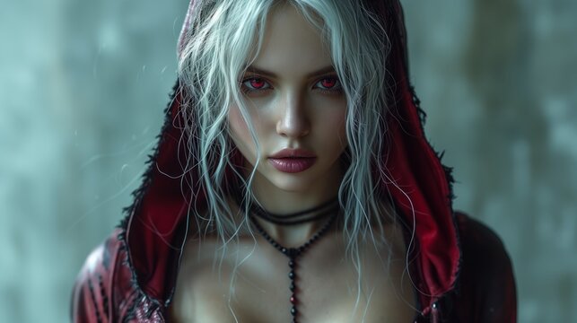 Fantasy photography of a beautiful female witch with a white hair and red eyes. wearing a black and red jacket, bangs, evil