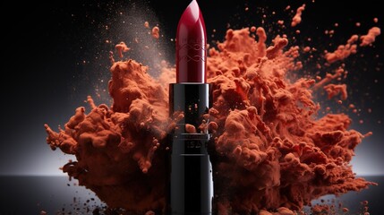 Red lipstick with red powder explosion - obrazy, fototapety, plakaty