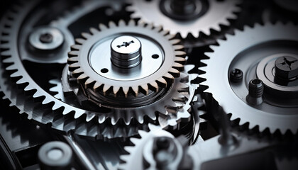 Metallic machinery interlocked, teamwork turning wheels in motion generated by AI