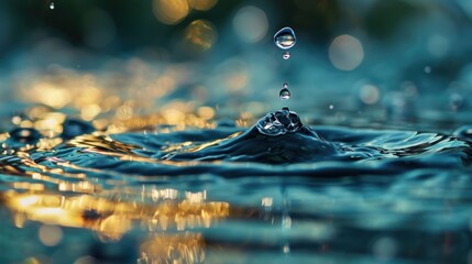  a close up of a water droplet on a body of water with the sun reflecting off of the surface of the water and the drops of the water on the surface. - obrazy, fototapety, plakaty