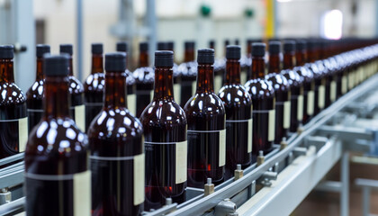 Bottling plant fills wine bottles with refreshing liquid generated by AI - obrazy, fototapety, plakaty