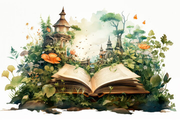 Drawing of a book on a white background surrounded by flowers, grass and houses