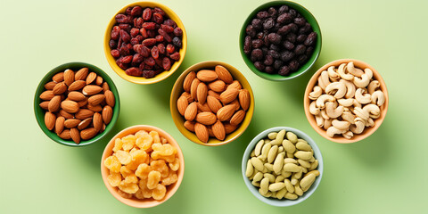 Obraz premium Top view of mixed nuts and dried fruits on a light green background. Bowls with peanuts, cashews, hazelnuts, almonds, pumpkin seeds, raisins, dried apricots. Healthy nutrition concept