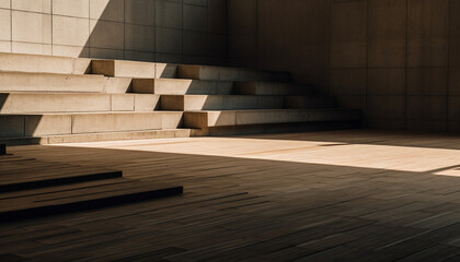 Modern abstract design, clean concrete flooring, geometric shapes, illuminated staircase generated by AI