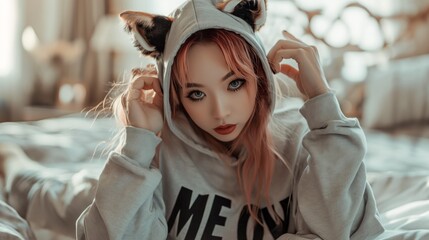 Fantasy photography of a beautiful woman with half human half cat breed, wearing an oversized hoodie saying "MEOW". cat ears. doing cat poses, laying on a bed. - Powered by Adobe