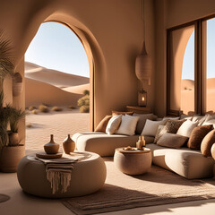 Fototapeta na wymiar Modern beige living room interior in desert or cave style