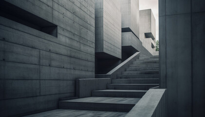 Fototapeta premium Modern staircase design in a concrete building, with clean geometric shapes generated by AI