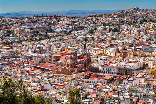 Aerial view of Zacatecas with its cathedral from Bufa Hill in Mexico