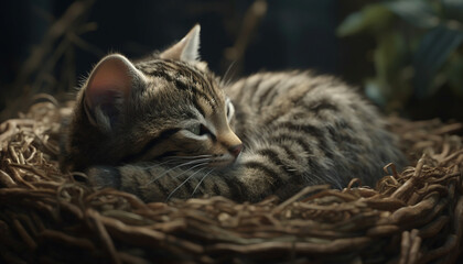 Naklejka na ściany i meble Cute kitten sleeping, fluffy fur, nature beauty in tranquil rest generated by AI