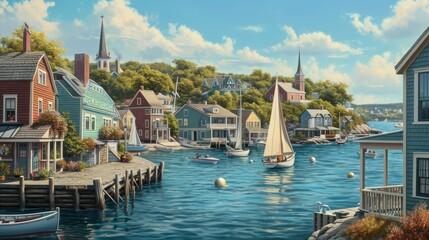  a painting of a harbor with a sailboat in the foreground and a row of houses on the other side of the water with a blue sky and clouds in the background. - obrazy, fototapety, plakaty
