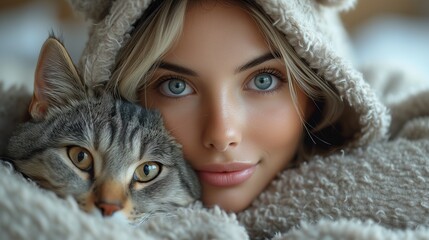 Fantasy photography of a beautiful woman with half human half cat breed, wearing an oversized hoodie. cat ears. doing cat poses, laying on a bed.