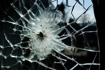 broken window glass with a hole from gun shot. Street violence. Broken windows theory. Visible signs of crime, antisocial behavior and civil disorder. - obrazy, fototapety, plakaty