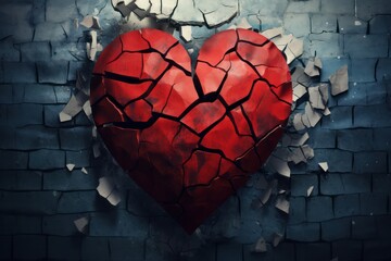Broken heart. Living through breakup. Suffering. Termination of relationship. Stages of grief - denial, anger, bargaining, depression and acceptance. Broke to pieces, love ended. Separation or divorce - obrazy, fototapety, plakaty