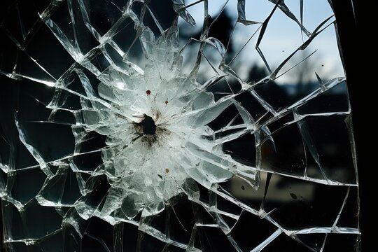 broken window glass with a hole from gun shot. Street violence. Broken windows theory. Visible signs of crime, antisocial behavior and civil disorder.