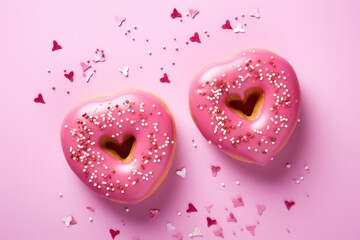 pink heart shaped donuts isolated on pastel background advertising style with glitter around. Creative social media or website poster of bakery or cafe.	