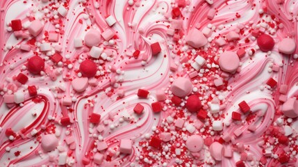 red white pink sprinkles on cream of dessert or cake closeup. valentines day, birthday, romantic anniversary sweet pastry texture closeup.