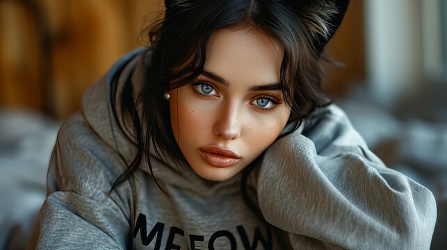 Fantasy photography of a beautiful woman with half human half cat breed, wearing an oversized hoodie saying "MEOW". cat ears. doing cat poses, laying on a bed.