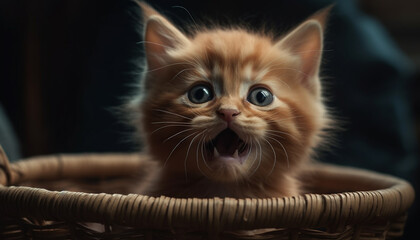 Fototapeta premium Cute kitten sitting, looking at camera, playful, fluffy, striped fur generated by AI