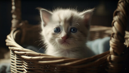 Cute kitten sitting in a basket, looking at camera playfully generated by AI