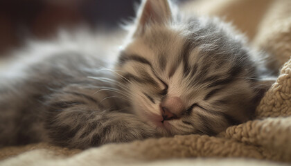 Cute kitten sleeping, fluffy fur, whiskers, feline relaxation, striped beauty generated by AI