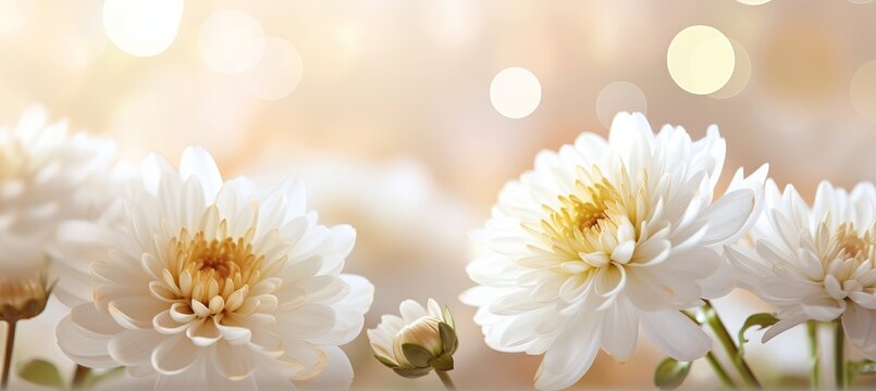 Elegant white chrysanthemum on magical bokeh background with ample space for text placement